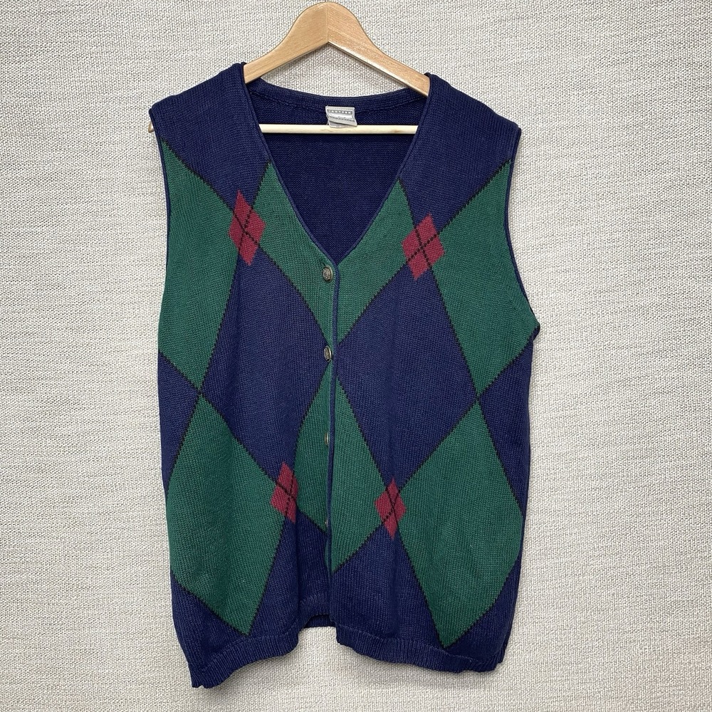 90s Jantzen Cardigan Sweater (L) Ramie Cotton Argyle Preppy Retro Grandpa
